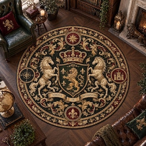 May include: A circular rug featuring a dark green background with a central heraldic crest displaying a lion, flanked by two rearing horses. The design includes a crown, fleur-de-lis, a compass rose, a castle, and a banner with the text VIRTUS IN AETERNUM.