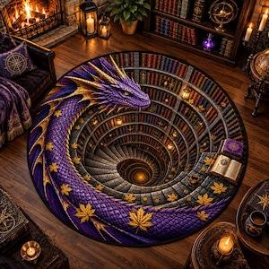 Könnte beinhalten: Ein runder Teppich mit einer 3D-optischen Täuschung einer Wendeltreppe, die von Bücherregalen gesäumt ist. Ein großer violetter Drache mit goldenen Akzenten und gelben Ahornblättern windet sich um den Rand des Designs, das auch ein offenes Buch zeigt.
