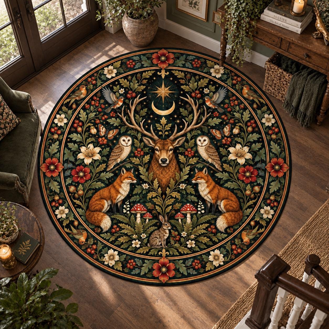 Woodland Round Rug: Deer Fox Owl Forest Animals Celestial Botanical Cottagecore Folk Art Decor