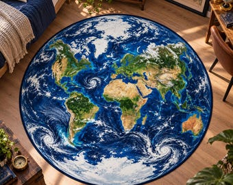 Op de afbeelding: Een groot rond vloerkleed met een gedetailleerde wereldkaart in satellietstijl. Het ontwerp toont levendige blauwe oceanen met wervelende witte wolkenformaties en realistische groene en bruine landmassa's van de continenten.
