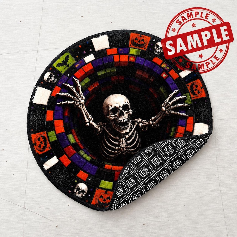 May include: A round rug featuring a 3D-style tunnel design with a central skeleton reaching upward. The border displays colorful squares, pumpkins, bats, and skulls. A red circular stamp with the text SAMPLE is visible in the upper right corner.