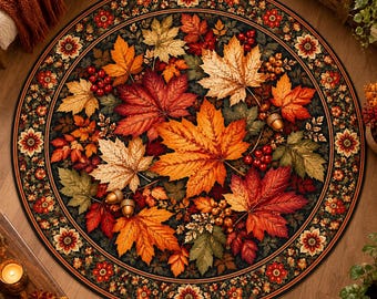 Op de afbeelding: Een rond vloerkleed met een herfstachtig patroon van esdoornbladeren in tinten oranje, rood, geel en groen, geaccentueerd met kleine trosjes rode bessen en bruine eikels, omrand door een decoratieve bloemenrand.
