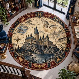 May include: A round area rug featuring a detailed map illustration of a castle on a cliffside, a flying owl carrying a letter, a compass rose, and a border decorated with stars, moons, and four animal emblems surrounding the letter H.
