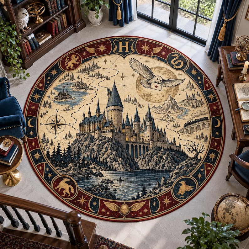 May include: A round area rug featuring a detailed map illustration of a castle on a cliffside, a flying owl carrying a letter, a compass rose, and a border decorated with stars, moons, and four animal emblems surrounding the letter H.