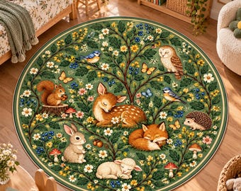 Woodland Nursery Round Rug: Sage Green Forest Animals with Sleeping Fawn, Fox, Bunny, Owl