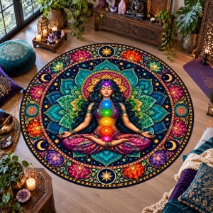 Peut inclure: Un tapis rond présentant une illustration centrale d'une personne en position de méditation avec sept points de chakra lumineux le long de la colonne vertébrale, entourée de motifs complexes de fleurs de lotus colorées et de symboles célestes.