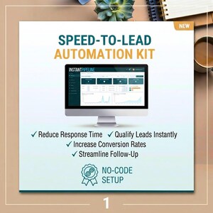 Könnte beinhalten: Eine digitale Grafik für ein Speed-to-Lead Automatisierungskit mit einem Computermonitor, der das InstantPipeline-Dashboard anzeigt. Der Text umfasst Reduce Response Time, Qualify Leads Instantly, Increase Conversion Rates, Streamline Follow-Up und No-Code Setup.