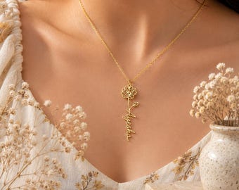 Personalized Birth Flower Name Necklace, Custom Floral Jewelry, Dainty Gift for Her