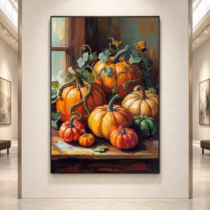 May include: A vertical oil painting depicting a collection of pumpkins of varying sizes and shades of orange, yellow, and green. The pumpkins are arranged on a wooden surface with green vines and leaves, set against a dark, moody background.