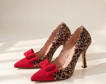 Leopard Print Red Bow Heels, Pointed Toe Pumps, Stiletto Shoes