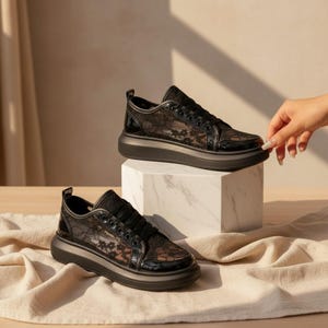 Può includere: Un paio di sneakers nere con tomaia in pizzo trasparente a motivo floreale, inserti in vernice nera sulla punta e sul tallone, lacci neri e una spessa suola platform in gomma nera. Il design presenta occhielli in metallo.