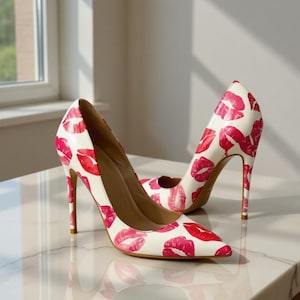 May include: A pair of white high-heeled pumps featuring a repeating pattern of bright pink lipstick kiss marks. The shoes have a pointed toe design and a slim stiletto heel, with a glossy finish that reflects light across the surface of the footwear.
