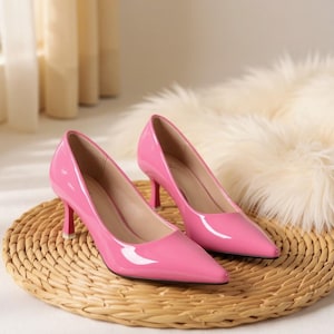 women hot pink dress shoes Patent Leather low heel fuchsia pink shoes for wedding