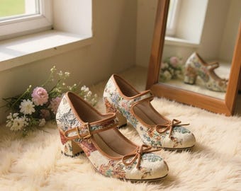 Floral Mary Jane Heels, Vintage Inspired Cottagecore Shoes, Bow Pumps
