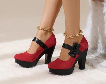 Rote Mary-Jane-Pumps, Plateau-Pumps mit Schleife, Schuhe mit klobigem Absatz