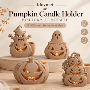 Op de afbeelding: Een digitaal aardewerk sjabloon voor een pompoen kaarsenhouder van Klaymet, met vier verschillende ontwerpen van uitgesneden pompoenvormige houders met brandende waxinelichtjes. De tekst bevat Pumpkin Candle Holder, Pottery Template en 4 Different Styles Available, met iconen voor PDF-bestanden, directe download en een stapsgewijze handleiding.