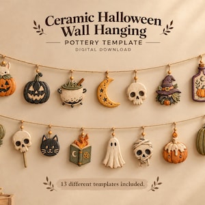 May include: Ceramic Halloween Wall Hanging Pottery Template Digital Download. Two strings of twine display thirteen hanging ceramic ornaments featuring pumpkins, a skull, a ghost, a crescent moon, a cauldron, a spellbook, and a cat.