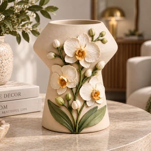 Puede incluir: Un jarrón de cerámica beige con una parte superior ancha y acampanada y una base cónica. El exterior presenta un relieve tridimensional de flores de orquídea blancas con centros amarillos, tallos verdes y hojas verdes en la parte frontal.