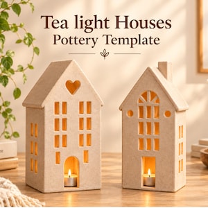 Tea light Houses Pottery Template Ceramic House Pattern Christmas Candle Holder Printable Handmade Craft Tutorial