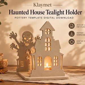 Halloween spookhuis theelichthouder van aardewerk sjabloon, griezelig huis keramische kaarsenhouder, plaatbouw Halloween cadeau