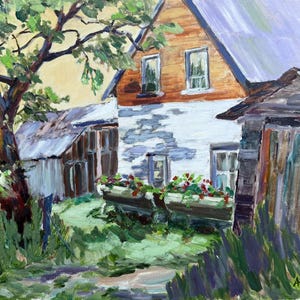 May include: Oil painting of a rural house with a red-brown roof and white walls. The scene includes a tree with green leaves, flower boxes with red flowers, and a weathered shed. The artwork is signed in the lower right corner.