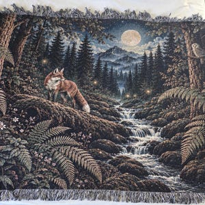 The Fox's Path Woven Blanket | Night Owl, Stream, Mushroom Tapestry Throw