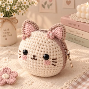 May include: A round, cream-colored crochet pouch shaped like a cat face. It features two triangular ears with pink centers, small pink flower accents, black plastic eyes, a stitched nose, and brown embroidered whiskers with pink cheeks.