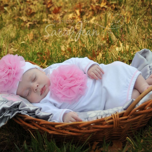 Baby Girl Coming Home Outfit White with Pink Chiffon Flower