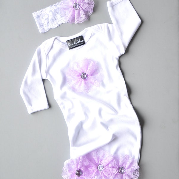 Take-Home-Outfit for Baby Girl - Lavender Lace Flowers with Headband