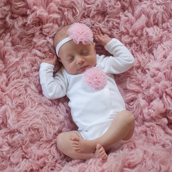 Newborn Girls Layette White Bodysuit with Pink Poofs and Matching Headband Preemie