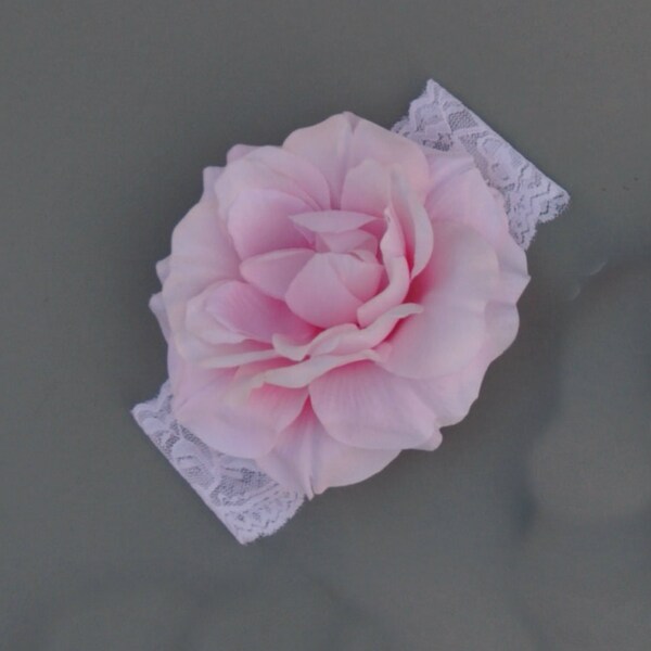 Light Pink Flower on White Lace Headband for Infants