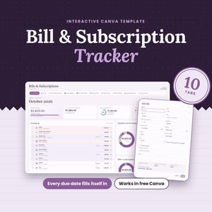Bill Tracker Canva Template, Subscription Tracker, Monthly Bill Planner, Bill Calendar, Split Bills for Couples, Due Date Tracker, 10 Tabs