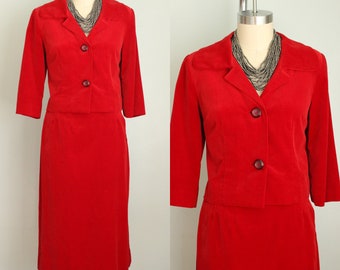 Vintage 1960's Red Velvet R&K Originals Skirt Suit. Holiday Suit. Size Small