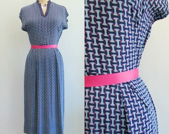 Vintage 1940's Rayon Dress / Navy Print / Dark Pink Print / Size Small / AS IS