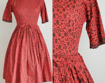 Vintage 1960's Red and Black Heart Pattern. Valentine Cotton Fit n Flare Dress. Size Extra Small