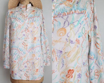 Retro Y2K Gloria Vanderbilt Pastel Print Tunic. Band Collar. Size Medium