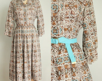Vintage 1950's Brown and Blue Paisley Print Silky Day Dress. Collared. Full Skirting. Size Extra Small
