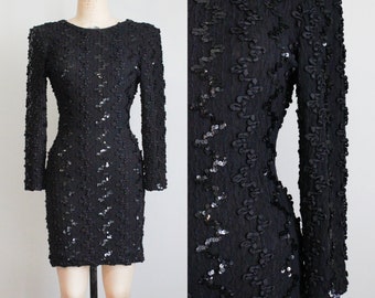 Retro 1990's Black Stretchy Sequin Body Con Cocktail Dress. Low Back. Size Small