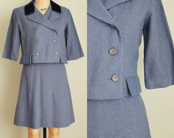 Vintage 1960's Blue Wool Velvet Dress Suit. R & K Originals. Double Breasted. Size Extra Small. Size 4. As Is.