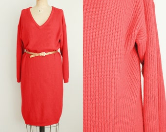 Retro 1980's Red Cotton Ribbed Slouchy Sweater Dress. V Neckline. Sam & Max. Size Large