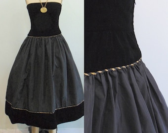Retro 1980's Black Velvet Cocktail Gown / Strapless Dress / Gold Cord Trim / Size XXS