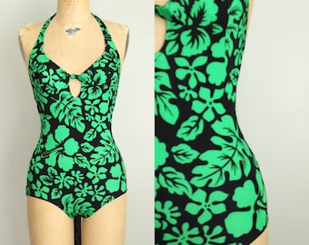 Vintage 1970's Black Green Hawaiian Floral Print One Piece Swimsuit. Maillot. Size XS / Small