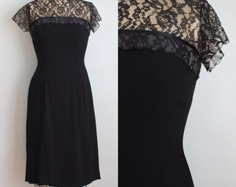 Vintage 1960's Black Crepe Lace Top Dress. Cocktail Dress. Size