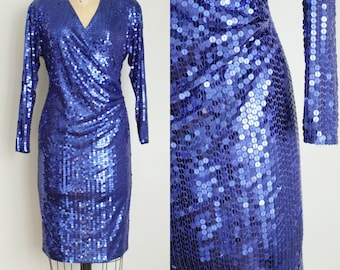 Retro 1980's Oleg Cassini Cobalt Blue Sequined Wrap Cocktail Dress. Long Sleeved. Size Medium / Large