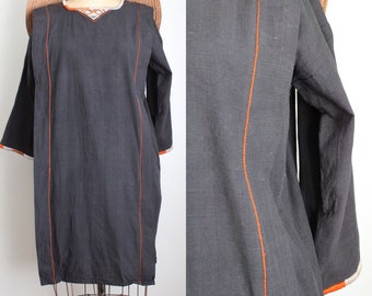 Vintage 1970's Black Linen Tunic Dress. Opus 1. Diana Martin. Size Medium