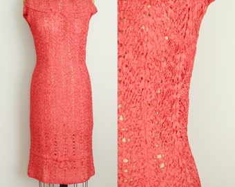 Vintage 1960's Coral Watermelon Pink Ribbon Dress. Elisabeth Sands. Bergdorf Goodman. Wiggle Style. Size Medium /Large