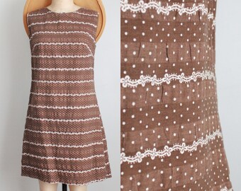 Vintage 1960's Brown Swiss Dot Shift Dress. Mod Sixties Mini Dress. Size Small