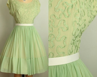 Vintage 1950's Pale Green Chiffon Party Dress. Ribbon Work Bodice. Size Small