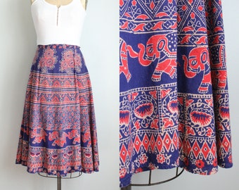 Vintage 1970's Indian Cotton Elephant Print Red Blue Wrap Around Skirt. Size XS / Small