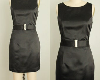 Retro 1990's / Y2K Black Satin Mini Dress. BCBG. Rhinestone Belt. Clueless Style. Size Small